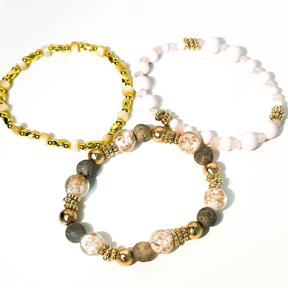 Handmade Blush Pink & Gold Beaded Stretch Bracelet Set (3)